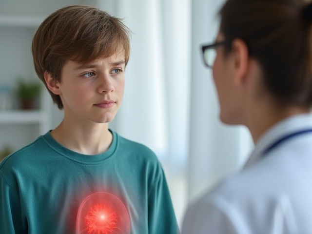 A worried teenager talking to a doctor about chest pain symptoms.