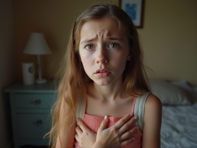 A teenage girl with a look of discomfort, holding her chest with a worried expression in a cozy room.