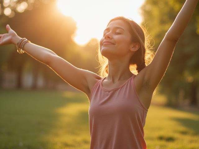 A peaceful scene of a teenage girl practicing yoga and relaxation, stretching her arms.