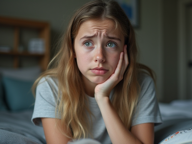 A worried teenage girl, thinking and maybe writing down health issues in a notebook.
