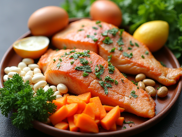 Various protein-rich foods like chicken, fish, eggs, and beans