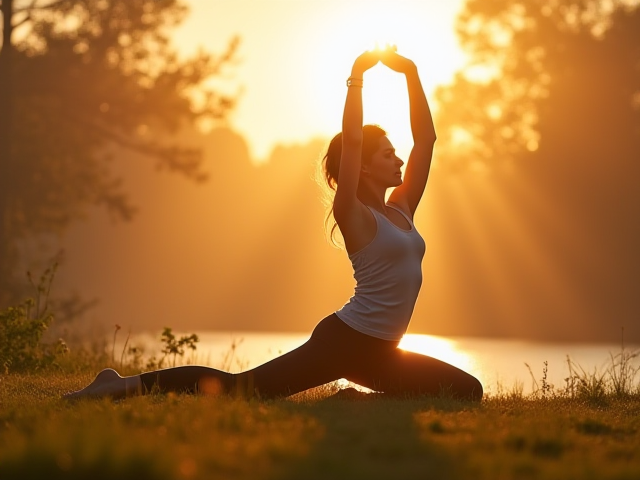 A calming image of a person stretching gently in a peaceful setting.