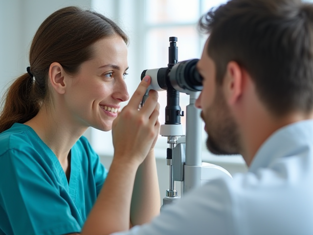 A healthcare professional examining a patient's eyes for possible issues