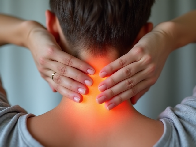 A person applying a hot pack to their neck for relief from pain.
