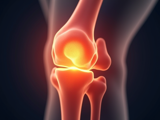 A close-up view of a knee joint showing inflammation around the kneecap.