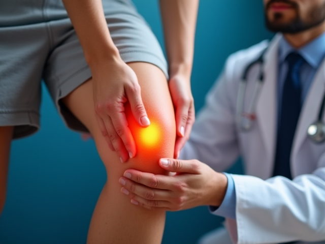 A professional doctor examining a patient's knee joint for symptoms of patellar tendinitis.