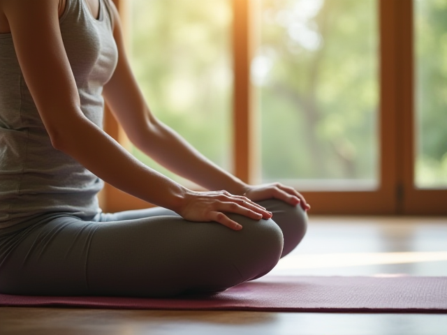 A person doing knee exercises on a yoga mat in a tranquil environment.