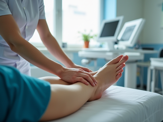 A patient receiving foot treatment in a clinic surrounded by medical equipment