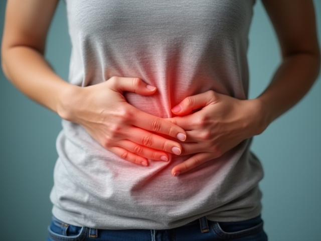 A person holding their stomach showing signs of pain