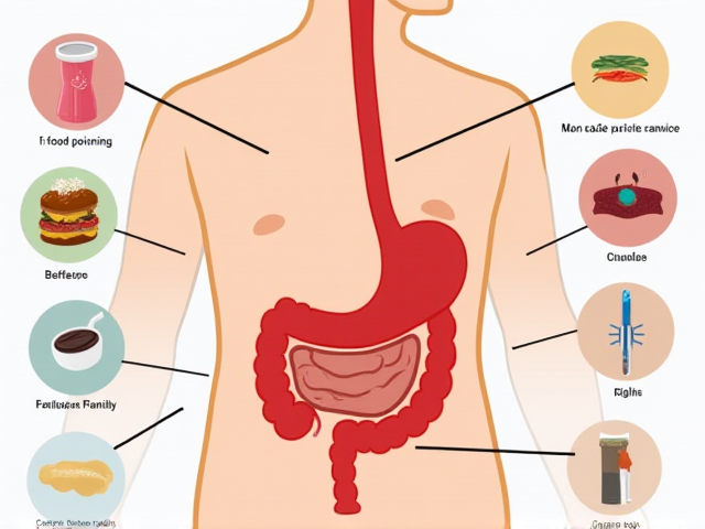 Illustration of common causes of stomach pain like food poisoning, indigestion.
