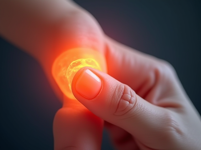 A close-up image of a finger joint showing signs of discomfort