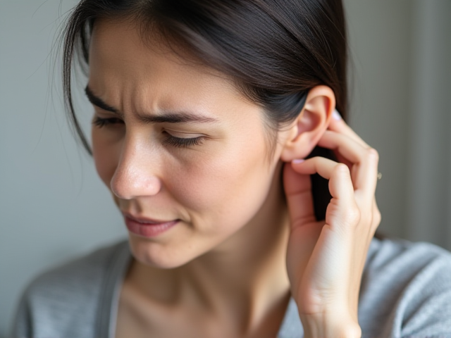 A person touching their ear in discomfort, highlighting ear pain.