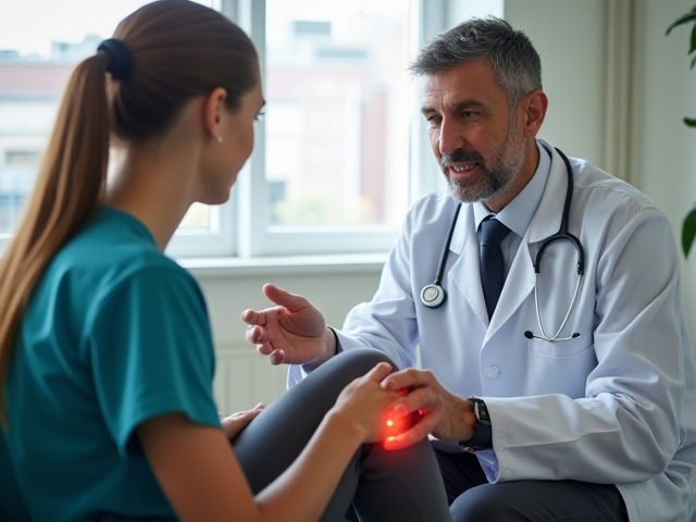 A doctor consulting with a patient about knee pain