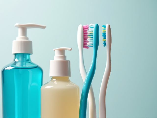 Healthy oral hygiene routine concept with toothbrush, toothpaste, and mouthwash