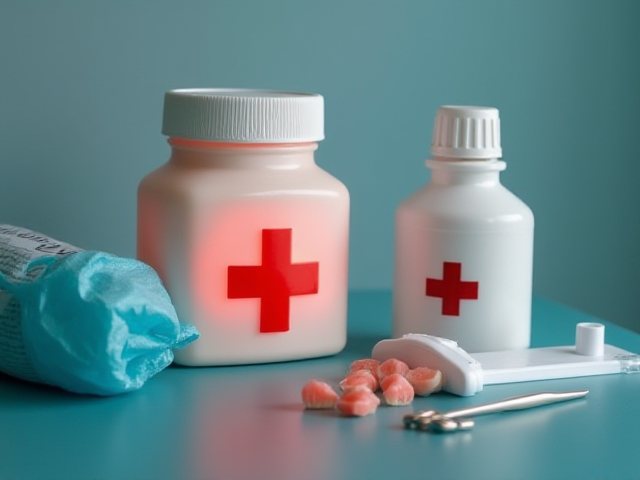 Emergency care concept for oral pain with medical supplies