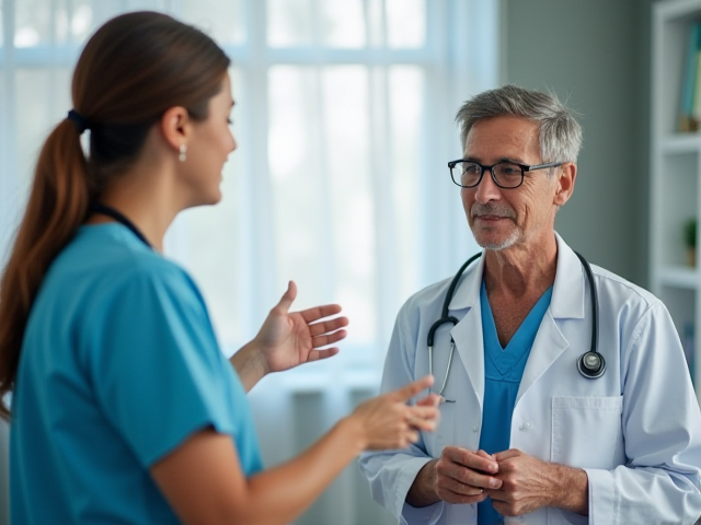 Patient discussing pain level with a healthcare professional in a clinical setting