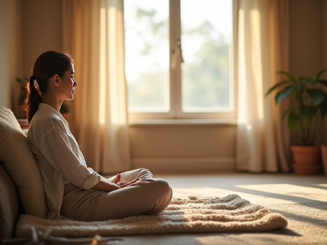 A calm environment indicating relaxation techniques such as breathing exercises and a quiet space.