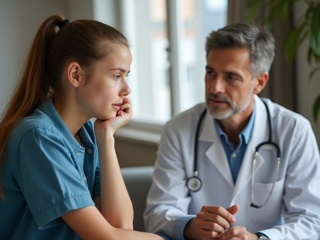 A young patient discussing symptoms with a doctor in a private setting.