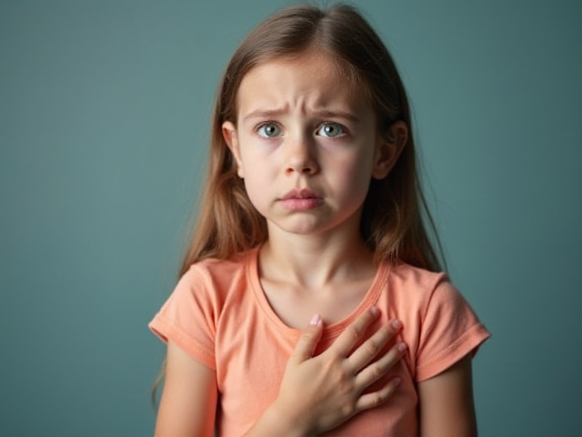 A young girl touching her chest with a concerned expression, reflecting the anxiety related to chest pain injuries in adolescents.