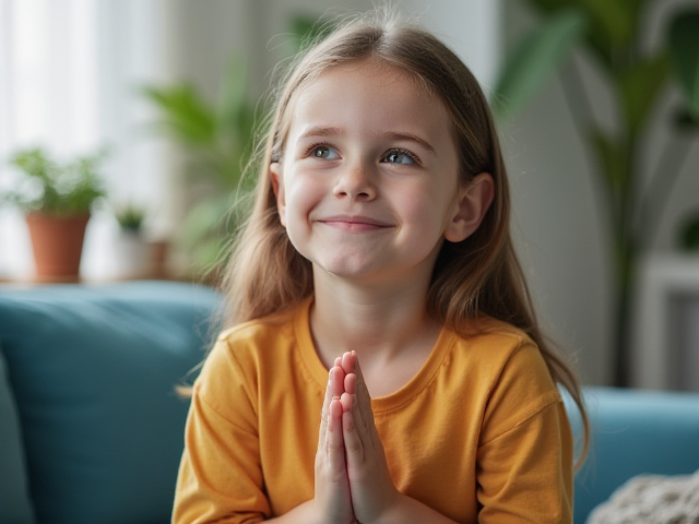 A young girl in a comfortable setting, practicing deep breathing exercises for relief from anxiety-related chest pain.