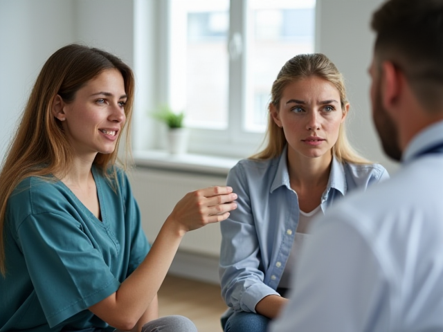 A concerned mother and daughter discussing chest pain with a doctor in an office setting.