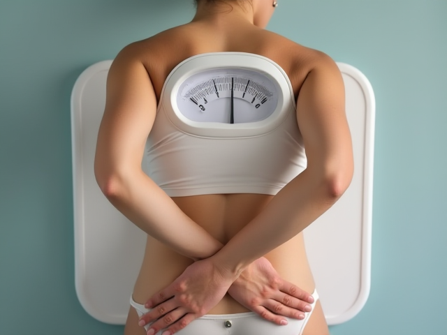 A person weighing themselves on a scale while holding their back.