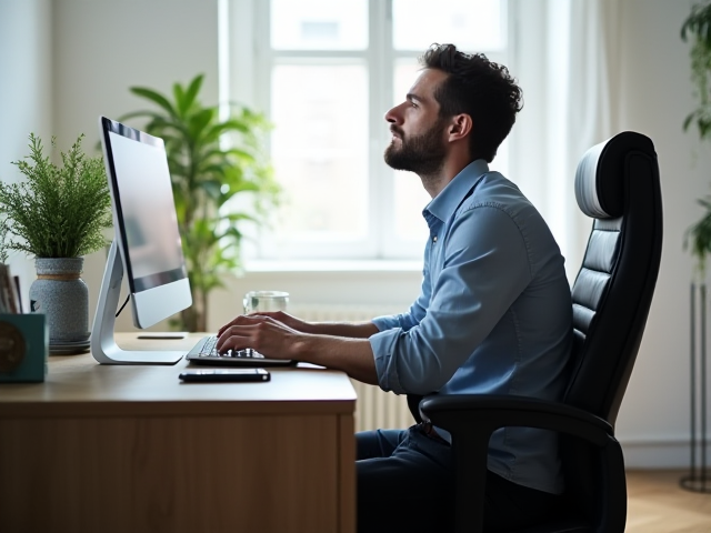 A man working at a desk with bad posture, showing slouching in his chair.