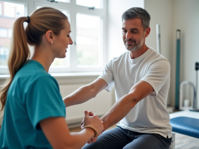Physical therapy session with a patient and therapist.