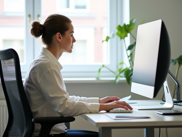 A person practicing good posture while sitting at a desk.