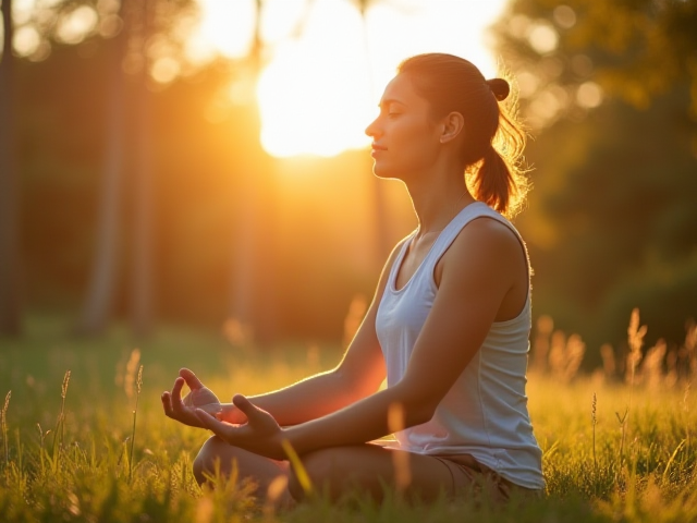 Person meditating outdoors to relieve headache