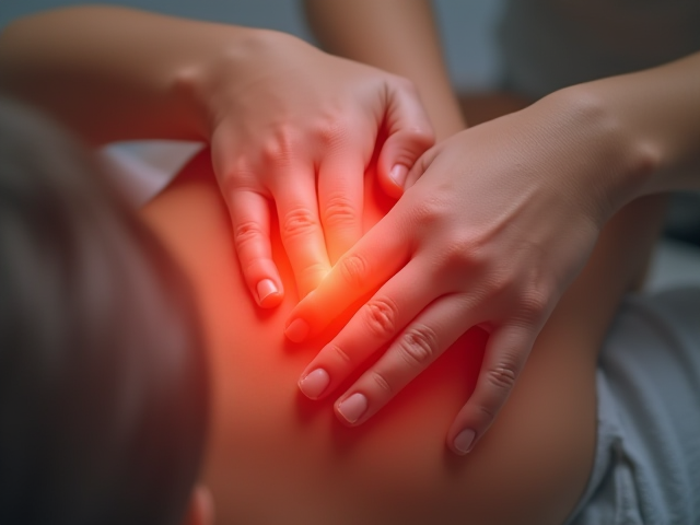 a soothing hand pressing on a painful area, highlighting relief through physical touch